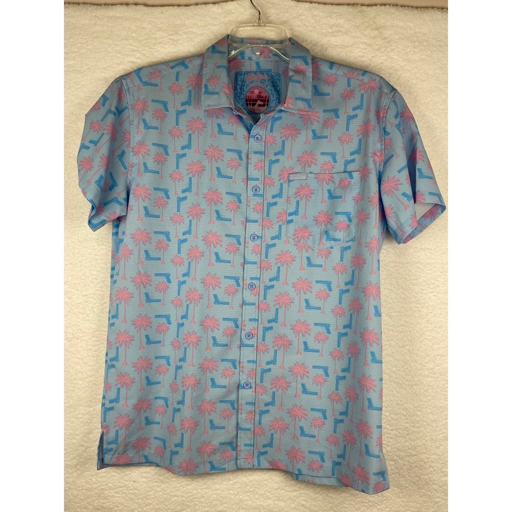 Retro Rifle Rising Palm Mens Large Short Sleeve Button Down Shirt Blue Pink